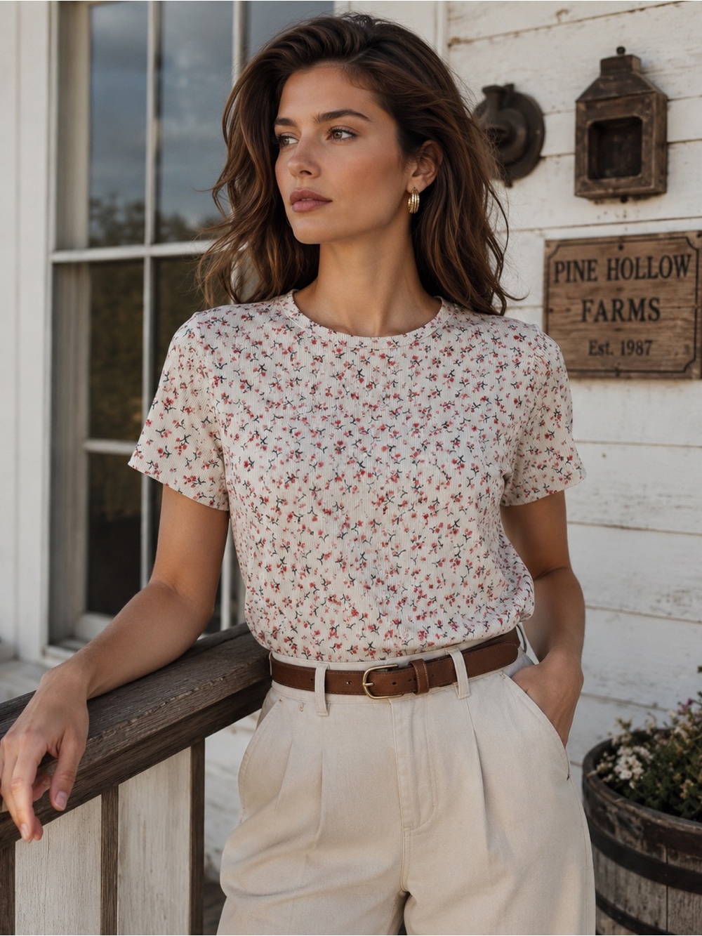 Cream and Floral Short Sleeve Crewneck Top - L